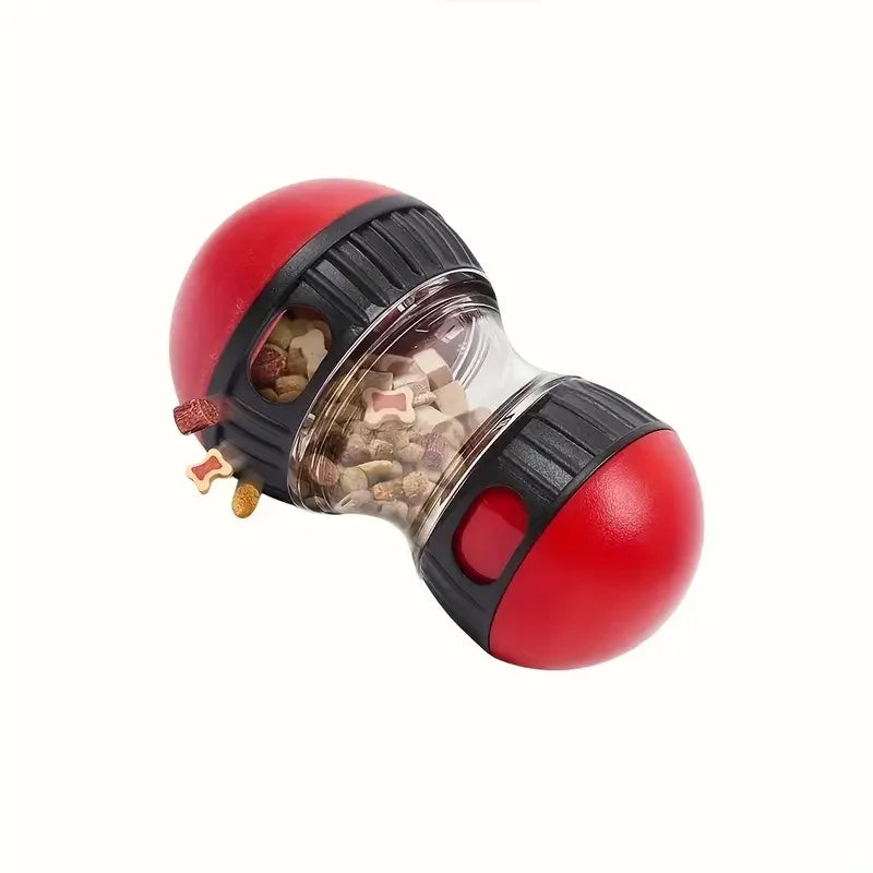 Red and black rolling treat puzzle ball with transparent treat drum close-up