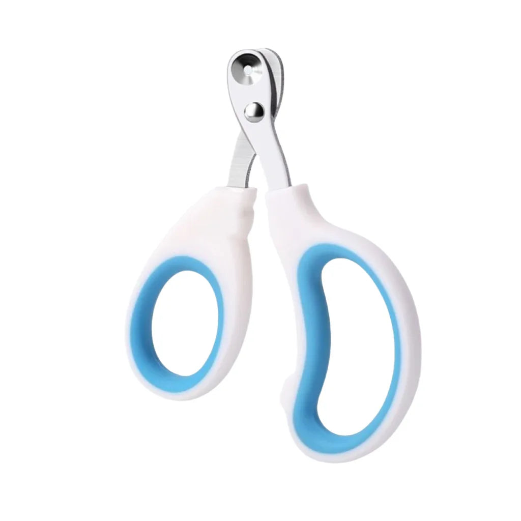 Pet nail clipper with white handle and light blue loop grips, stainless steel blades