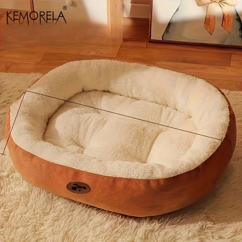 Brown plush oval pet bed with cream inner cushion and paw logo patch