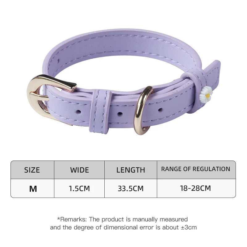 Lavender PU leather pet collar with daisy charm and alloy buckle, adjustable holes