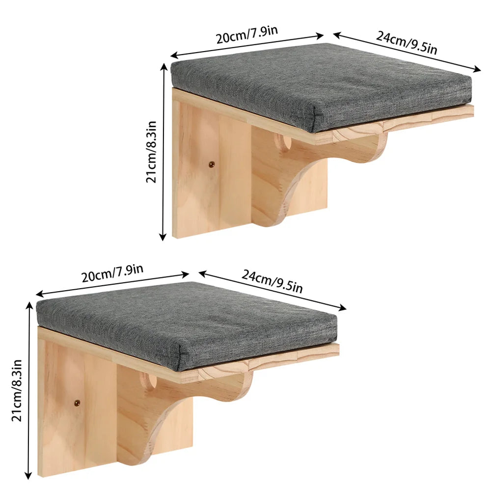 Wall-mounted wooden cat shelf with dark gray cushion and curved corner supports