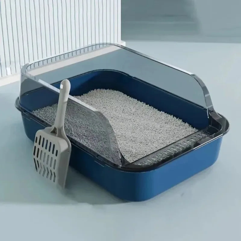 Semi-enclosed cat litter box with scoop, sea night blue base and open litter tray