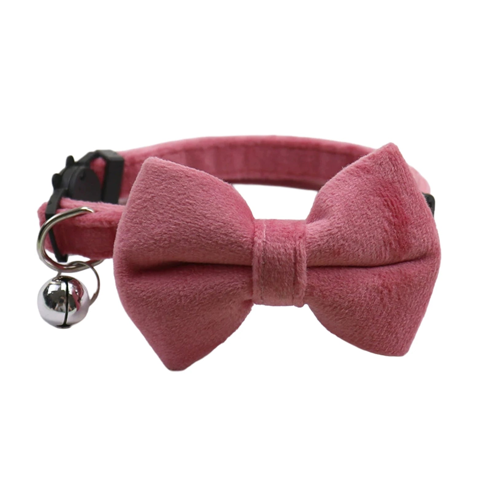 Velvet cat collar bow with bell, pink bowknot on dark strap and silver bell