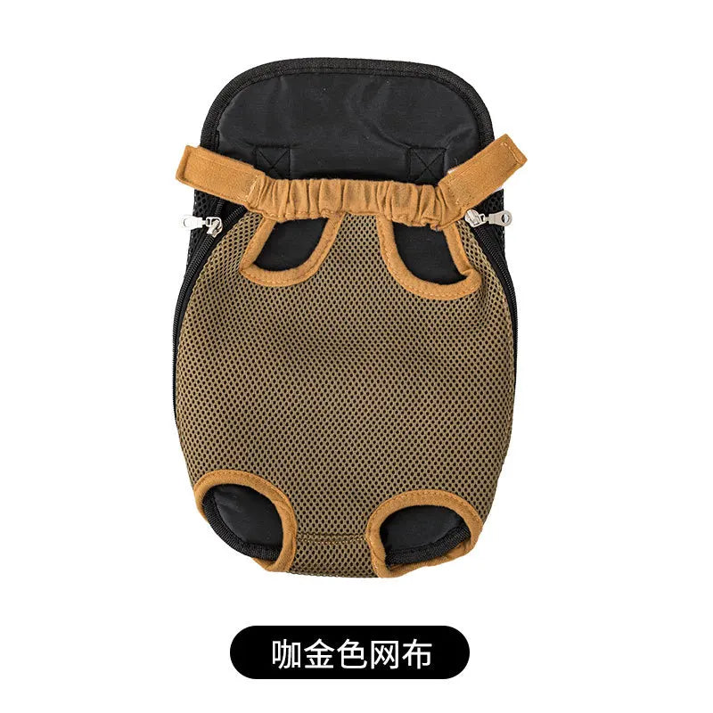 Breathable tan mesh pet backpack with two paw openings and brown-trim top band