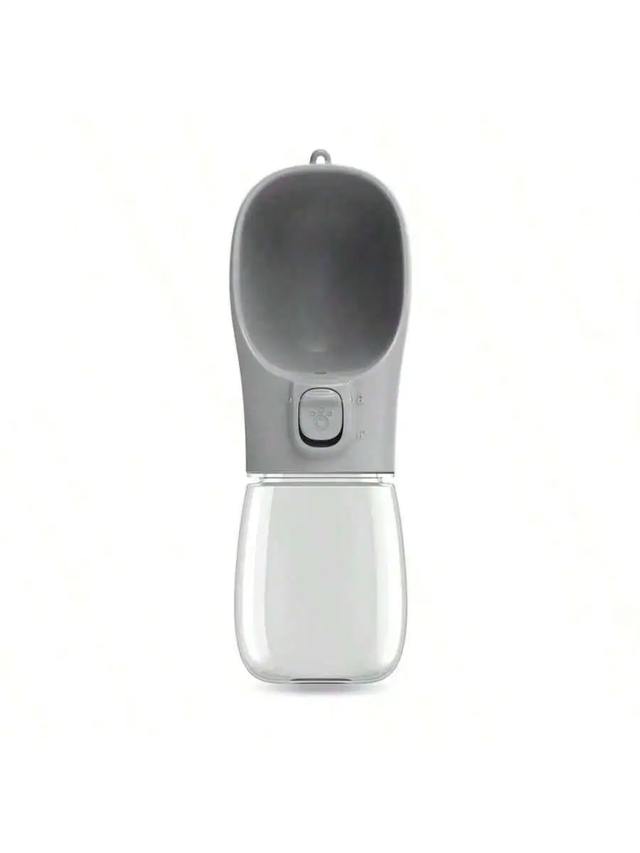 Portable pet water bottle with gray top and clear lower reservoir, push button