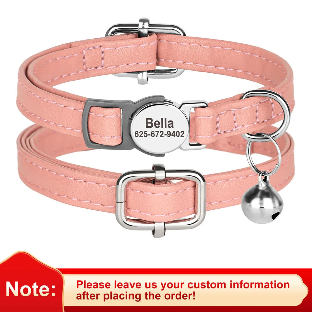 Pink PU leather cat collar with engraved ID tag, metal buckle, D-ring, and hanging bell