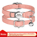 Pink PU leather cat collar with engraved ID tag, metal buckle, D-ring, and hanging bell