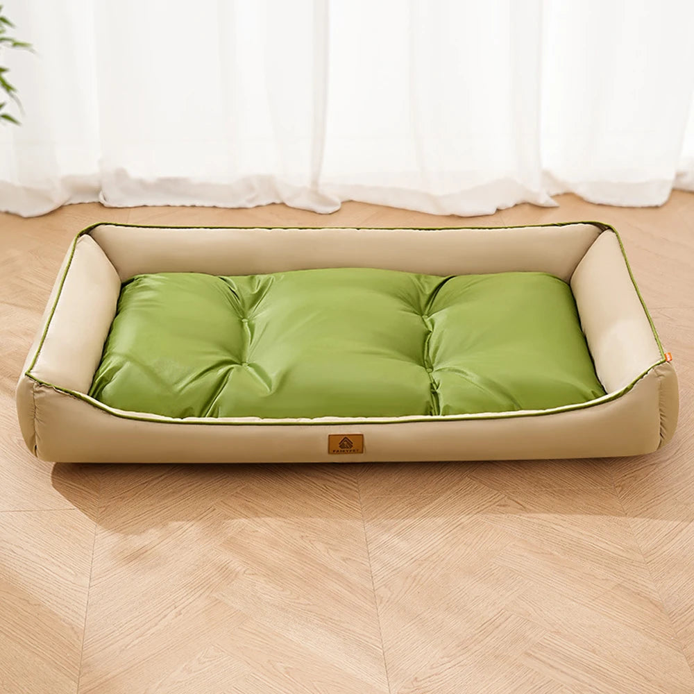 Large plush sofa bed for pets, green cushion with beige bolsters and white piping