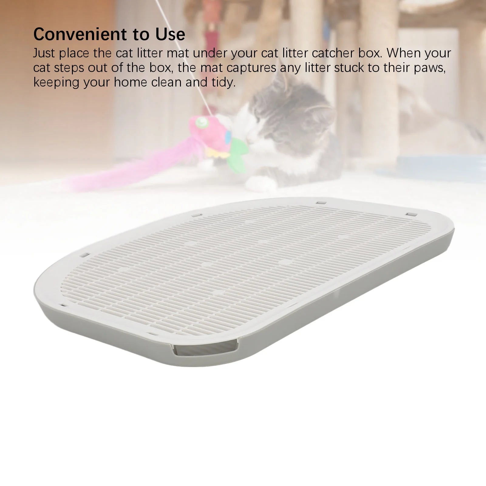 Waterproof anti-slip cat litter mat, light gray, domed edge and grid surface