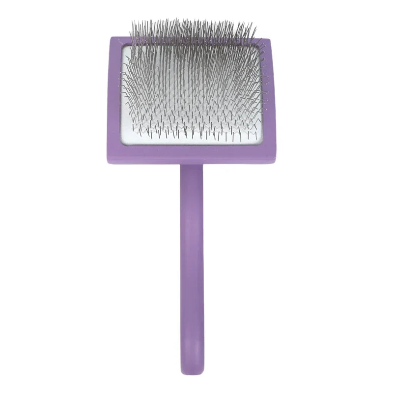 Purple long-handle pet deshedding rake with metal needle comb