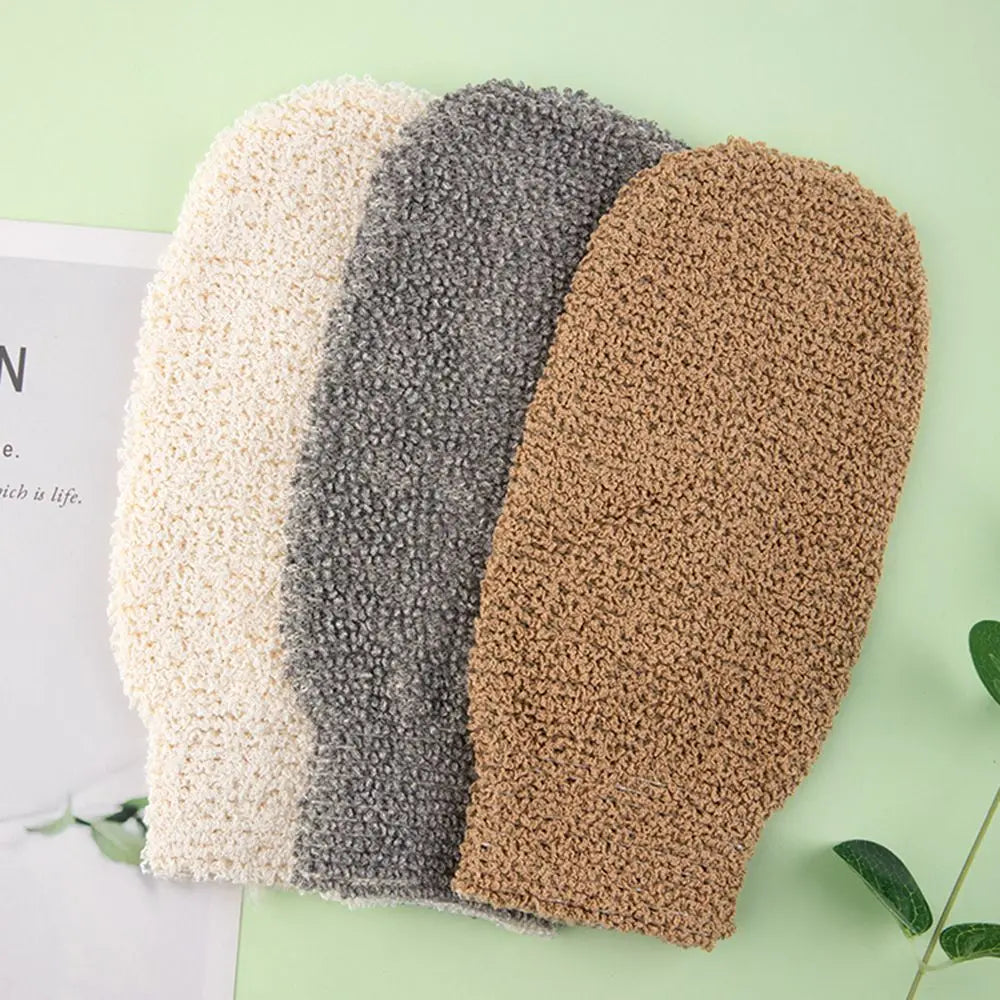 Exfoliating bath scrub mitts in light beige, dark gray, and tan
