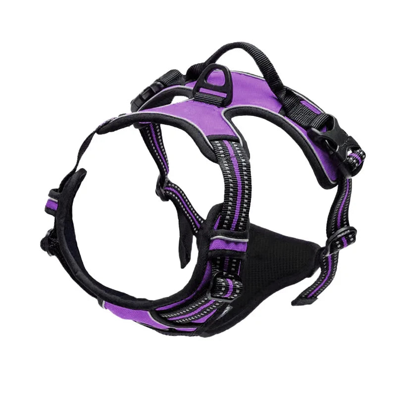 Reflective no-pull dog harness vest, purple accents with black padded chest and handle