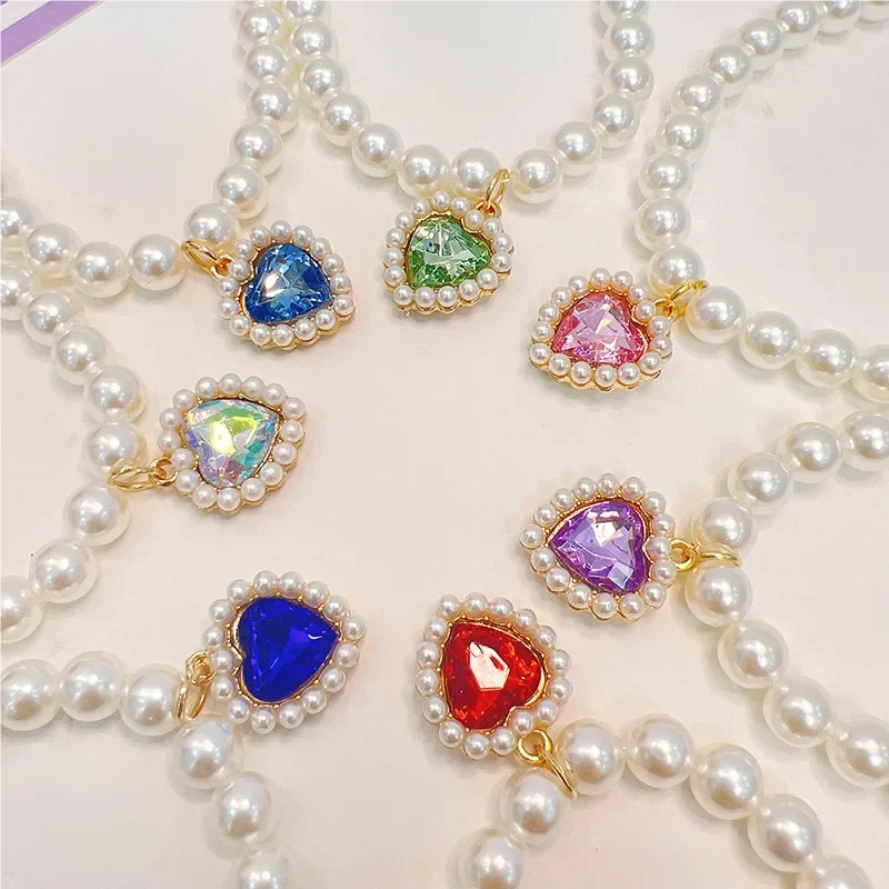 Adjustable pearl and rhinestone pet collars with heart charms in assorted colors