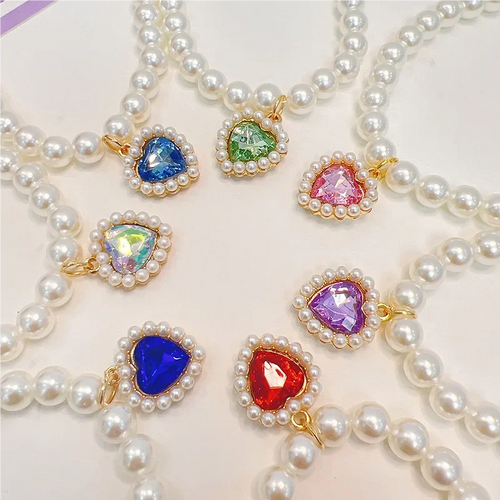 Adjustable pearl and rhinestone pet collars with heart charms in assorted colors
