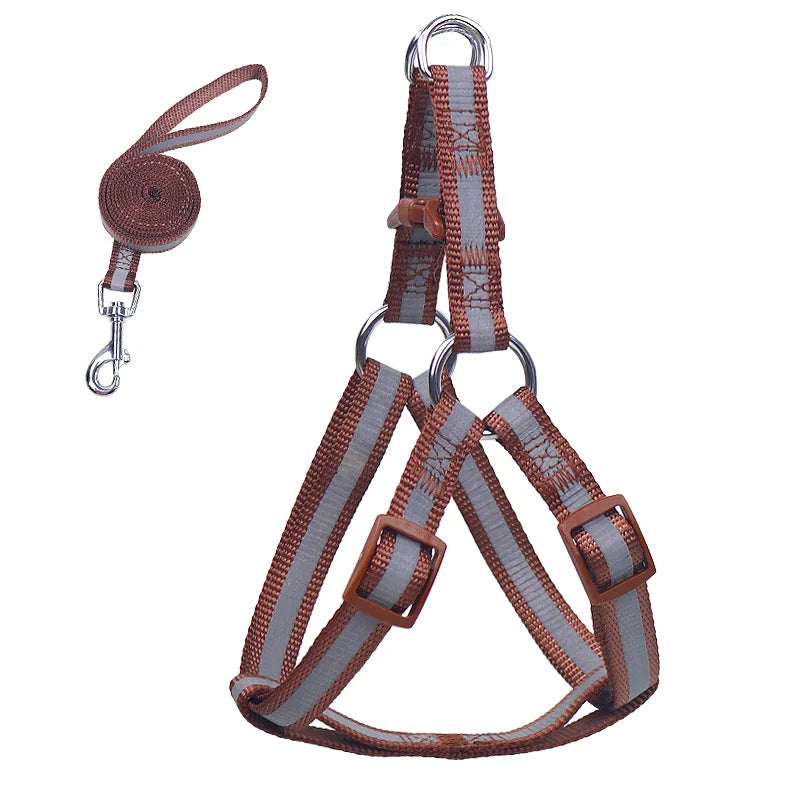 Reflective brown dog harness vest with leash clip and D-ring, small-dog size