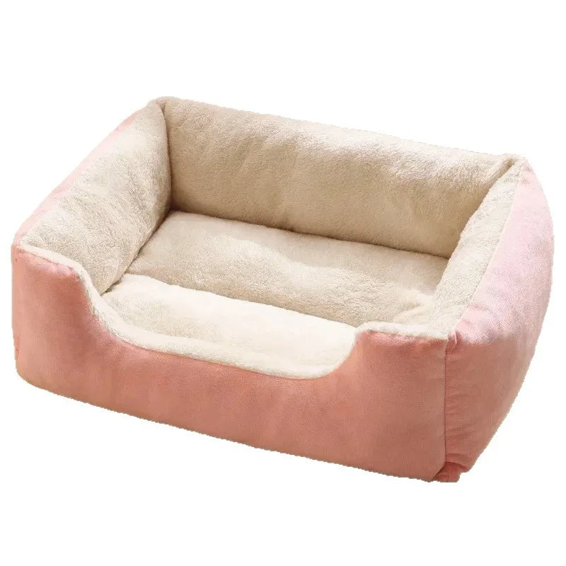 Square pet bed, light pink exterior with cream plush interior and padded sides