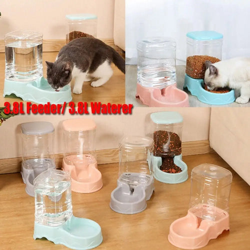 Pet waterer and feeder dispenser set, clear reservoirs with blue and pink bases, kibble visible