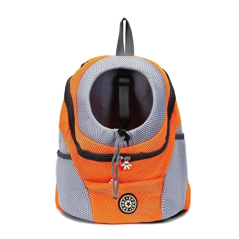 Orange and gray pet carrier backpack with round front opening and zippered front panel