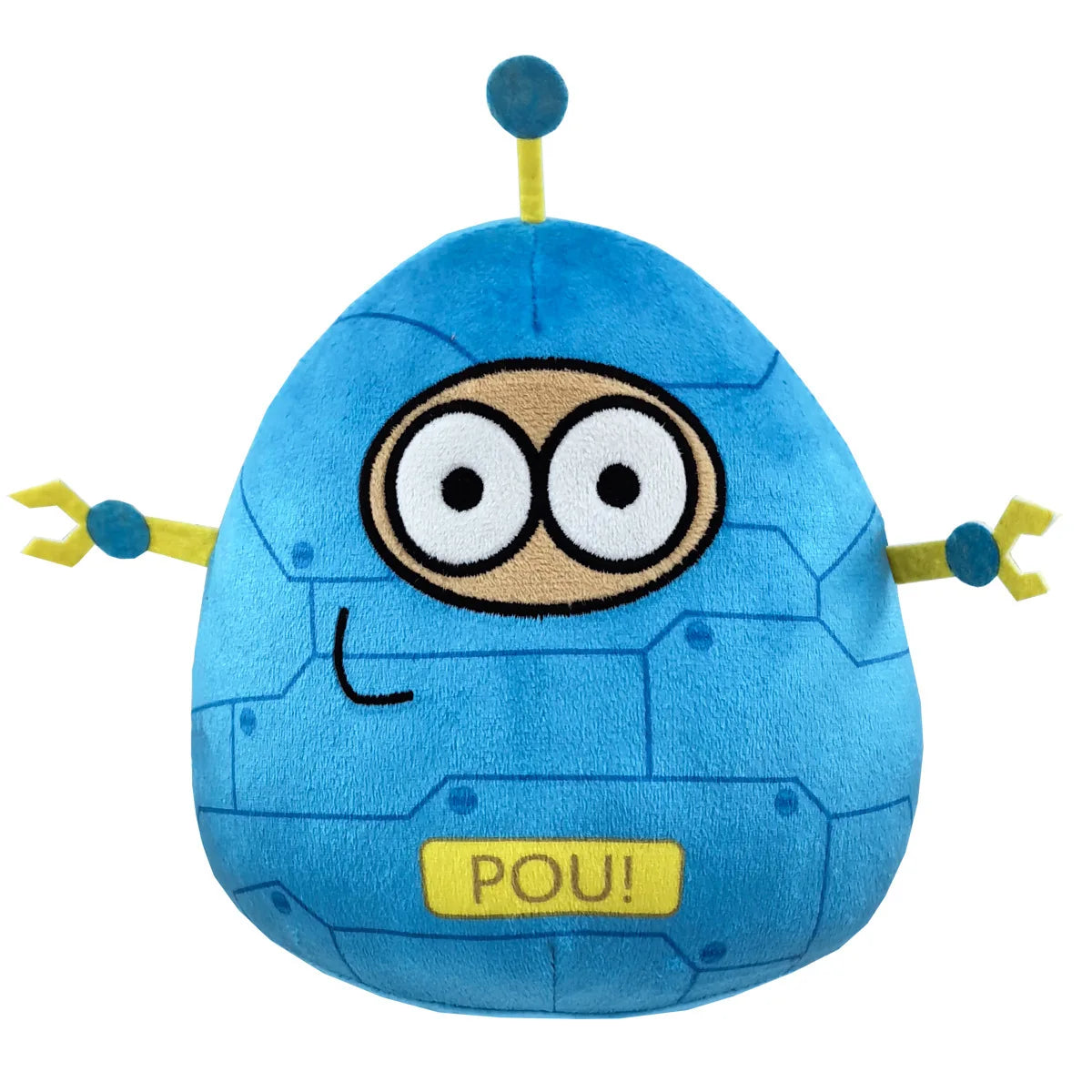 Blue alien plush doll with large googly eyes and “POU!” chest patch