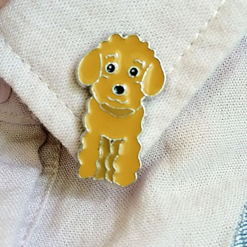 Enamel pin of yellow cartoon dog with blue eyes