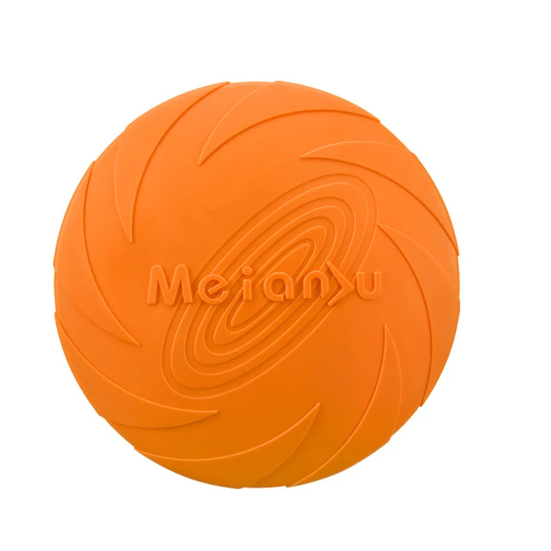 Orange silicone flying disc dog toy close-up with embossed MeianyU logo