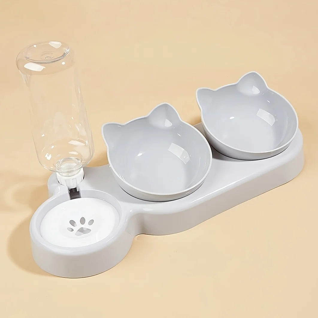 White 3-in-1 cat feeder set with two cat bowls and clear gravity water bottle
