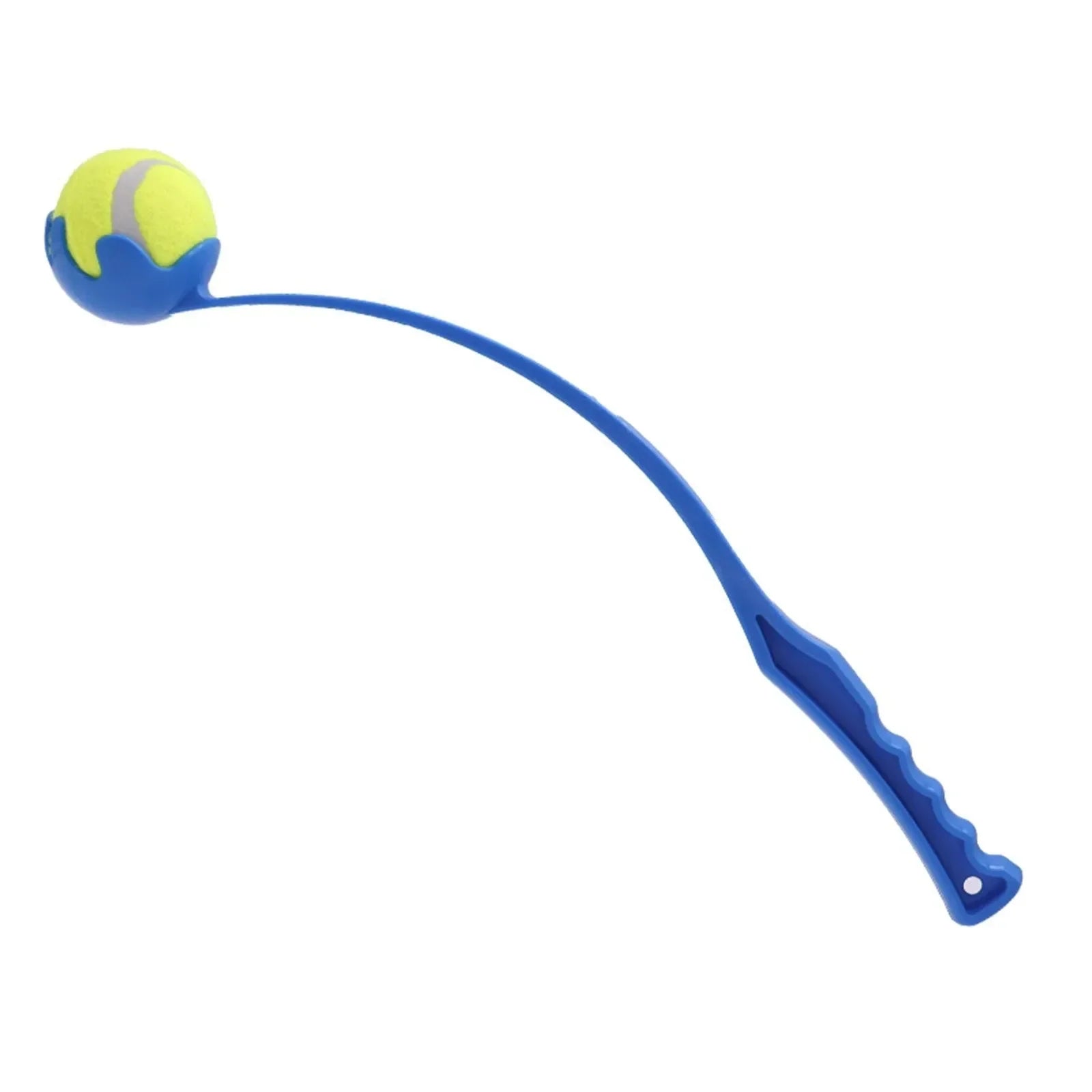 Dog tennis ball launcher fetch set with green-and-blue ball and blue curved handle