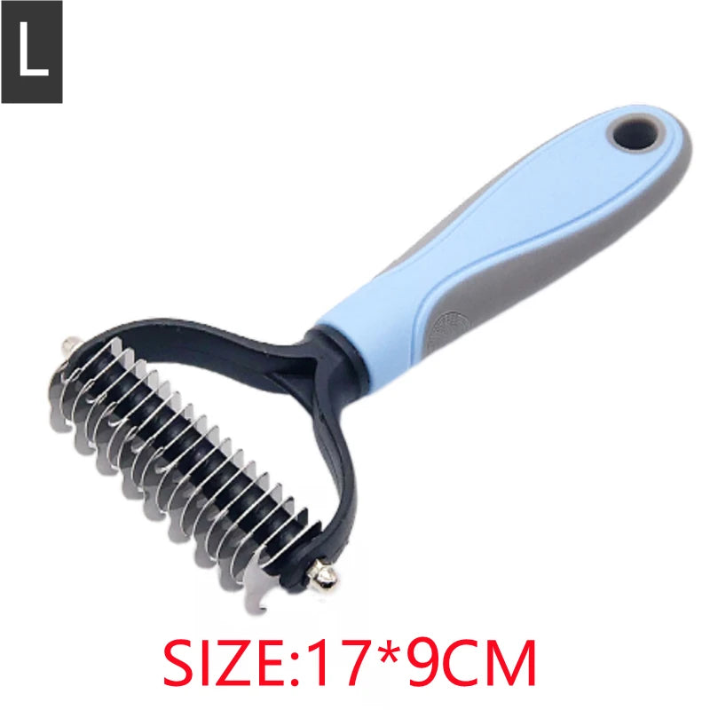 Blue handle dog grooming rake with black base and silver metal teeth.