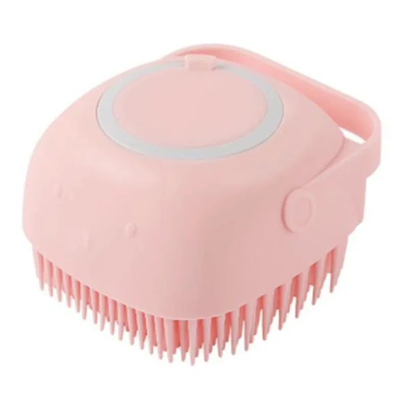 Pink pet bath silicone massage brush with oval lid and soft bristle teeth