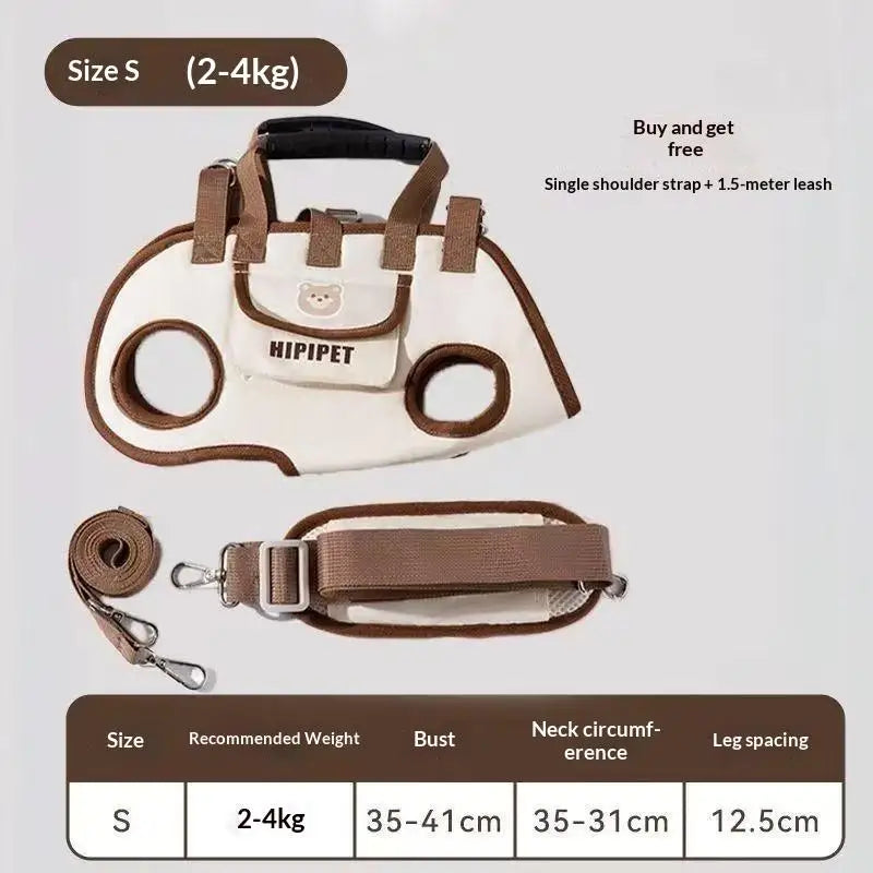 Pet carry bag size S (2–4kg) with single shoulder strap and leash, size chart