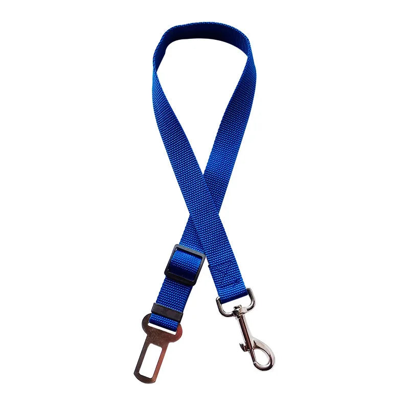 Adjustable pet car safety harness clip belt, blue strap with buckle and metal carabiner clip.