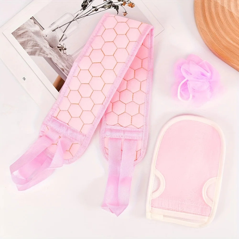 Exfoliating back scrubber bath belt towel set in light pink with matching glove
