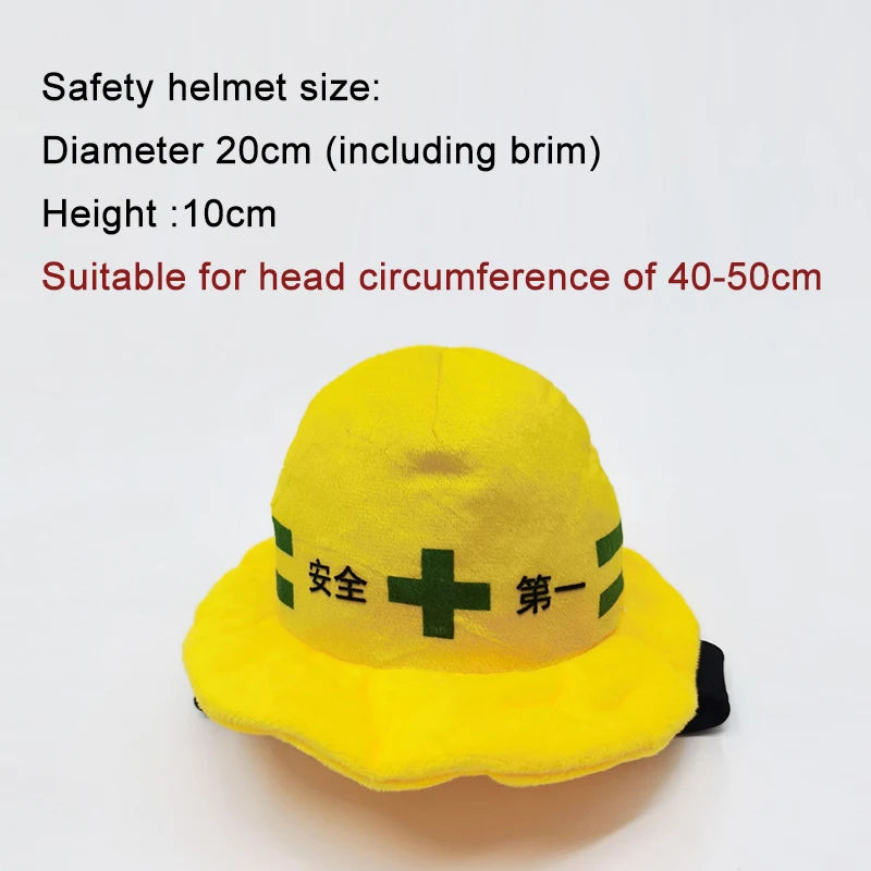 Pet safety helmet hat for dogs and cats, yellow plush with green cross and chin strap