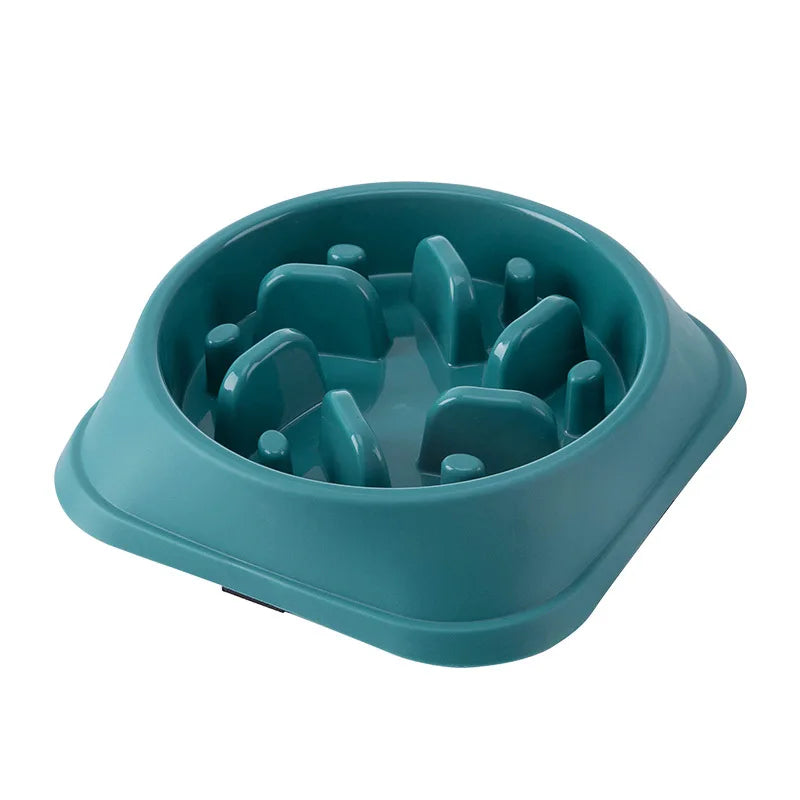 Teal slow-feeding pet bowl with raised anti-choke maze insert