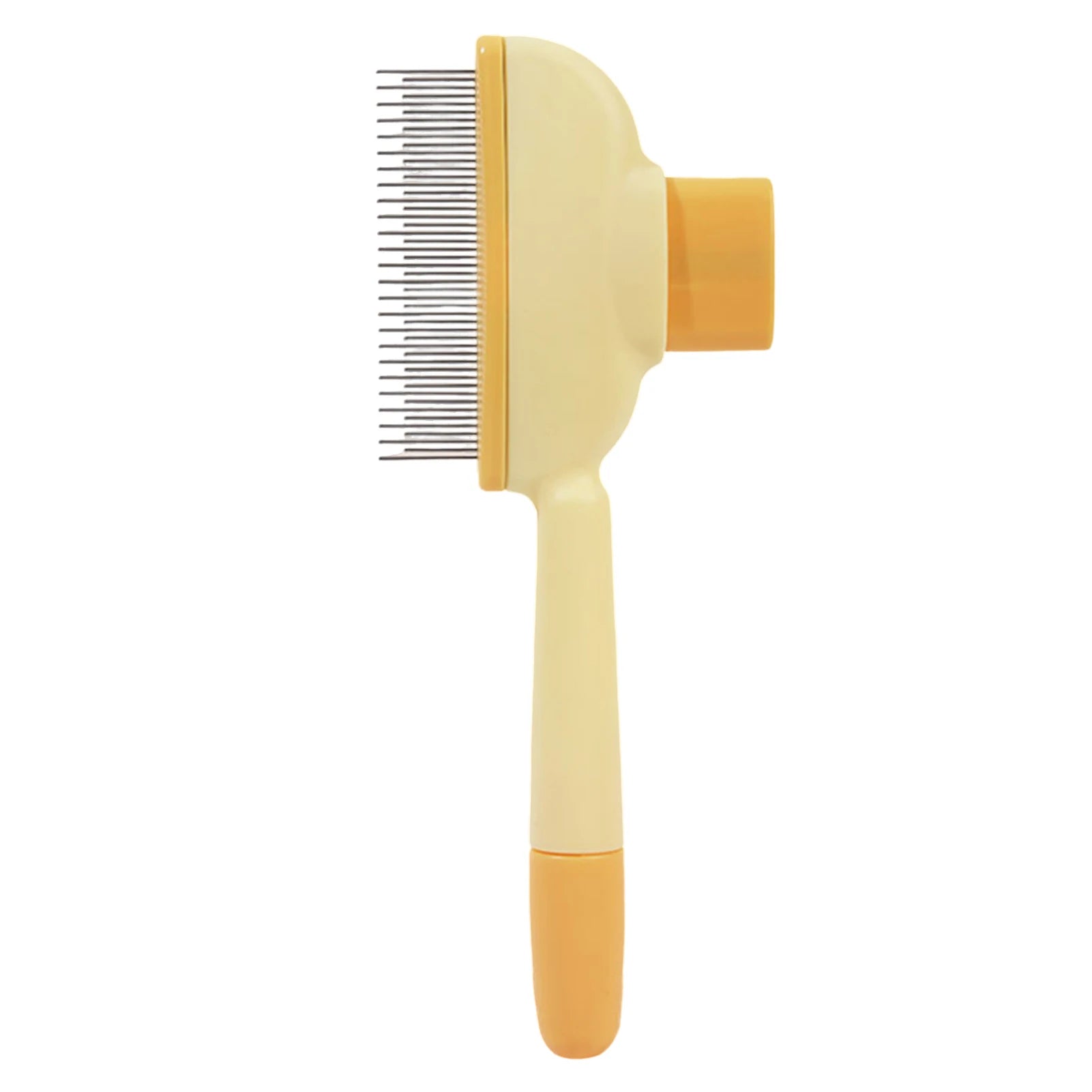 Cream pet hair grooming brush with metal pin comb head and rounded handle