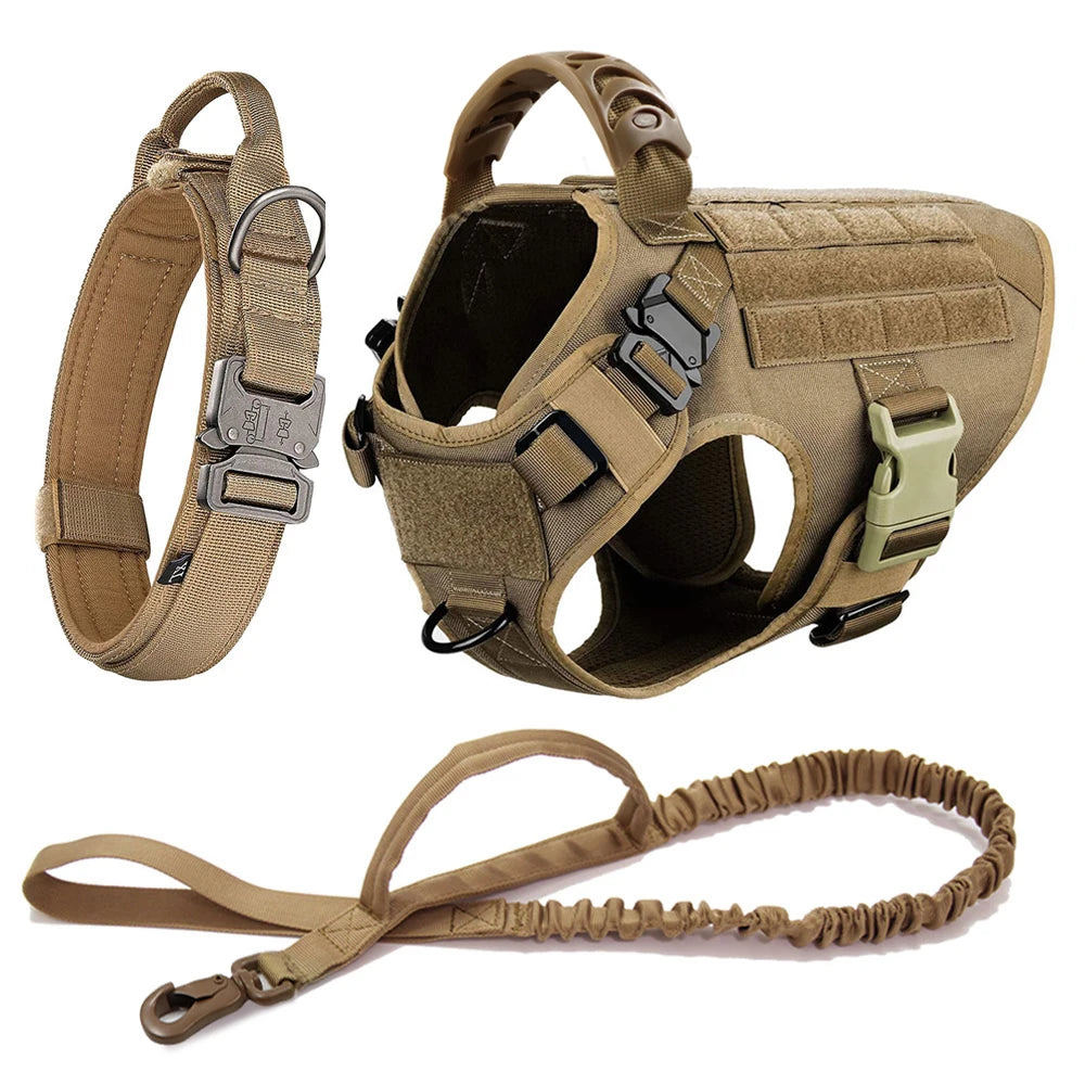 Brown dog training vest harness with attached leash and front adjustable straps