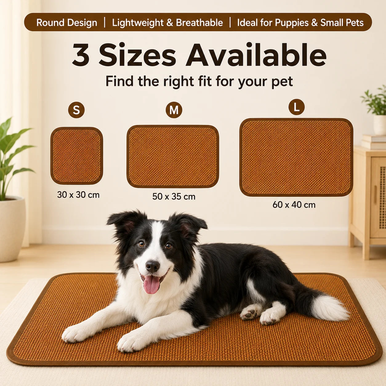 Woven cooling dog mat set of square sizes in tan brown open-weave fabric