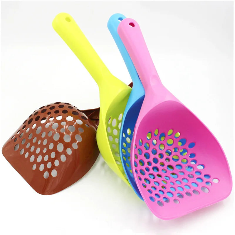Cat litter scoop set with perforated deep shovels and long handles in yellow, pink, blue