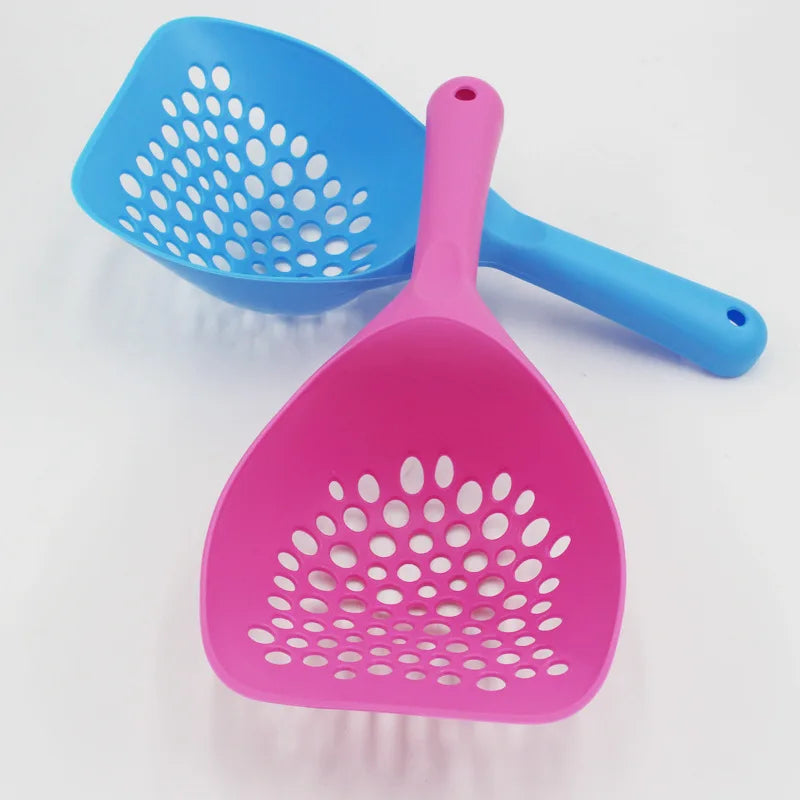 Cat litter scoop with blue and pink perforated bowls and long handles