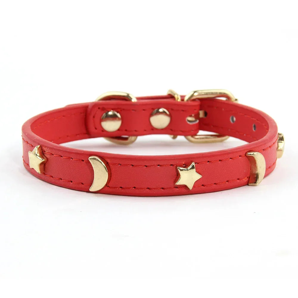Soft Leather Cat Collar Star Moon Rivets Kitten Puppy XS-M
