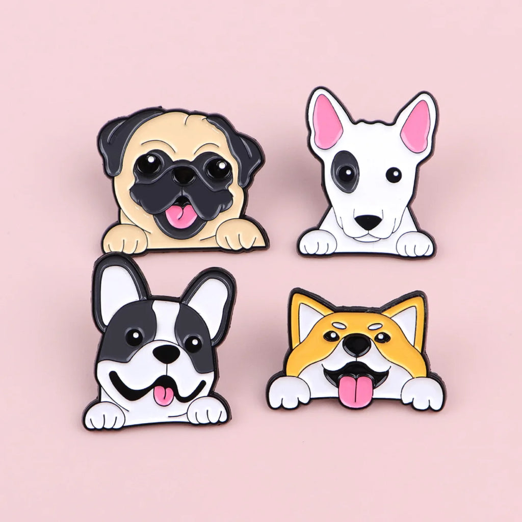 Set of four dog enamel lapel pins: pug, dog in box, husky, shiba