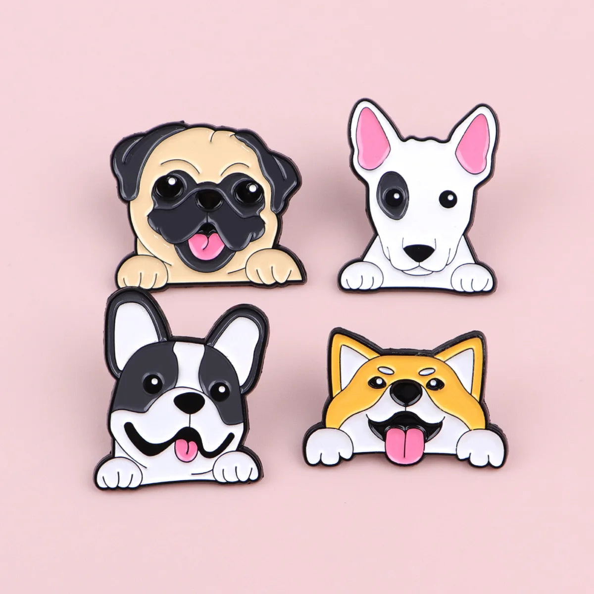 Set of four dog enamel lapel pins: pug, dog in box, husky, shiba