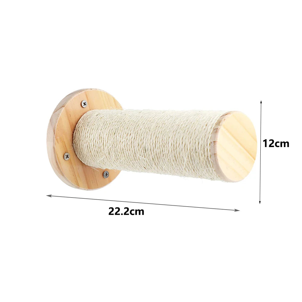 Wall-mounted cat scratching post perch, rope-wrapped cylinder on round wood bracket