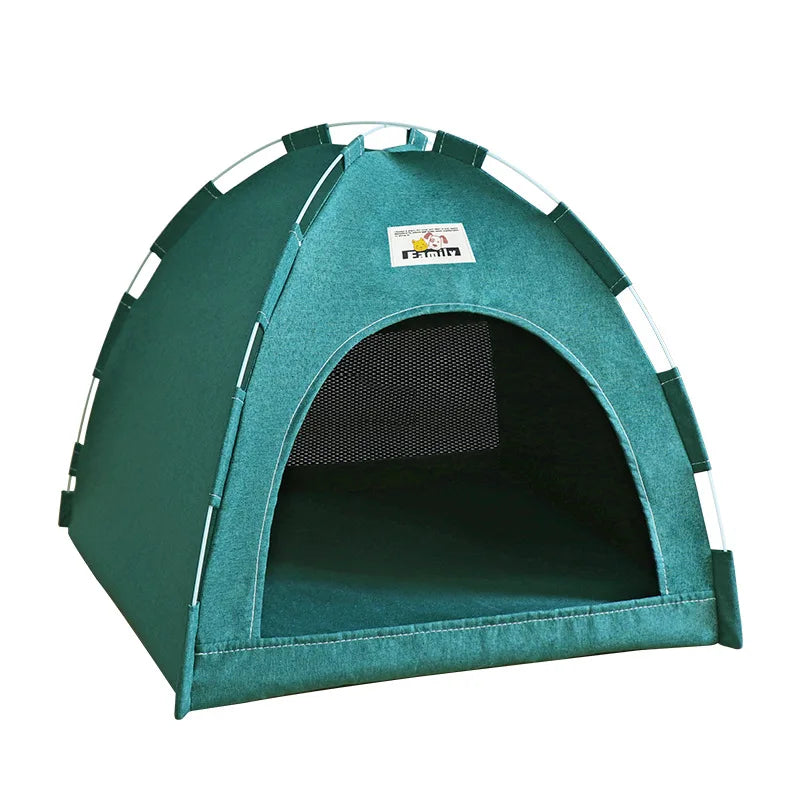 Green cat tent house nest with rounded entrance and dark mesh front