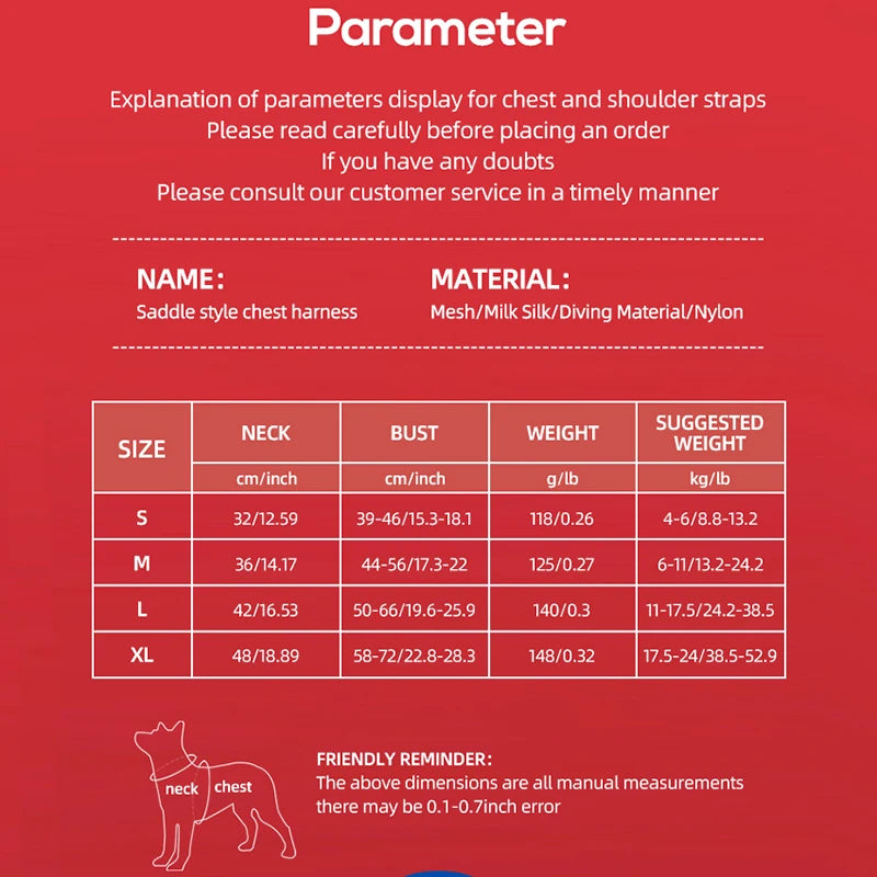 Saddle-type dog chest harness size chart with neck, bust, weight, and suggested weight