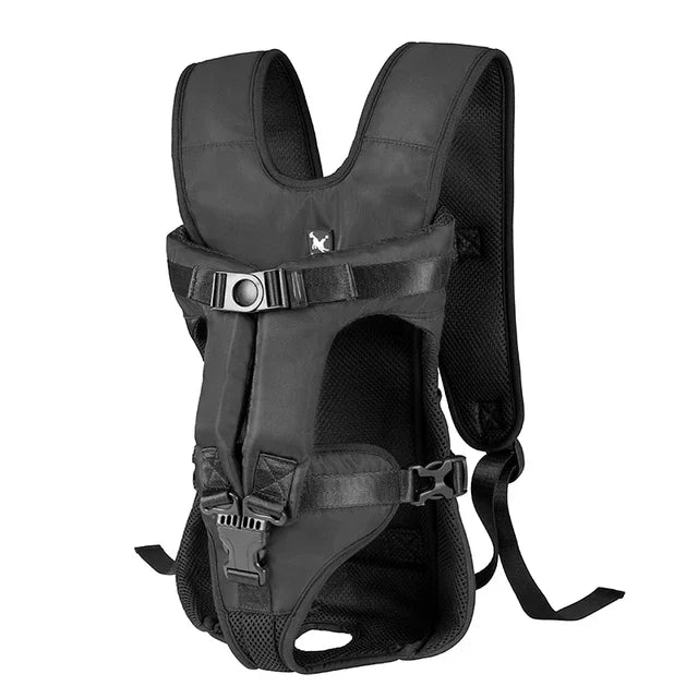 Pet front backpack carrier, black, side view with mesh panels and tail opening