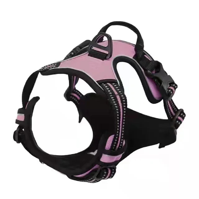 Reflective no-pull dog harness vest, pink accents with black padded chest and handle