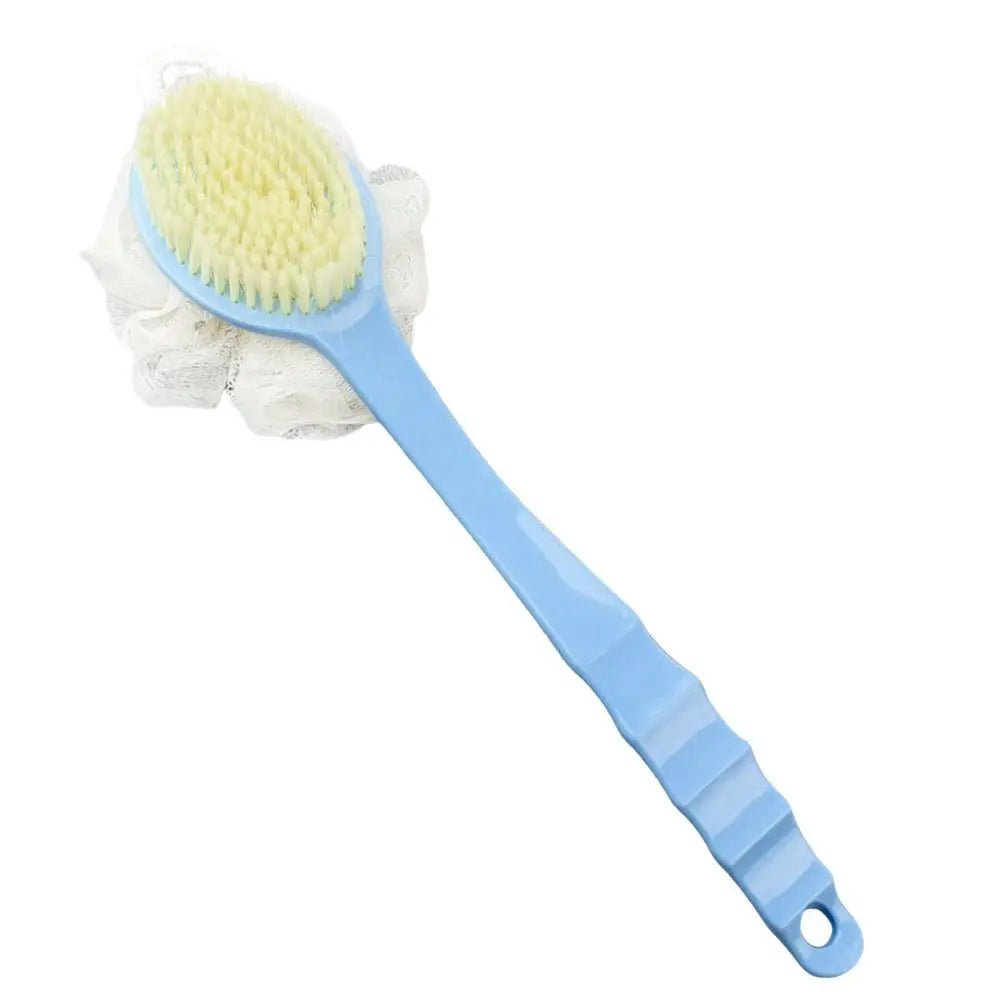 Blue long-handled shower brush with round soft bristle head