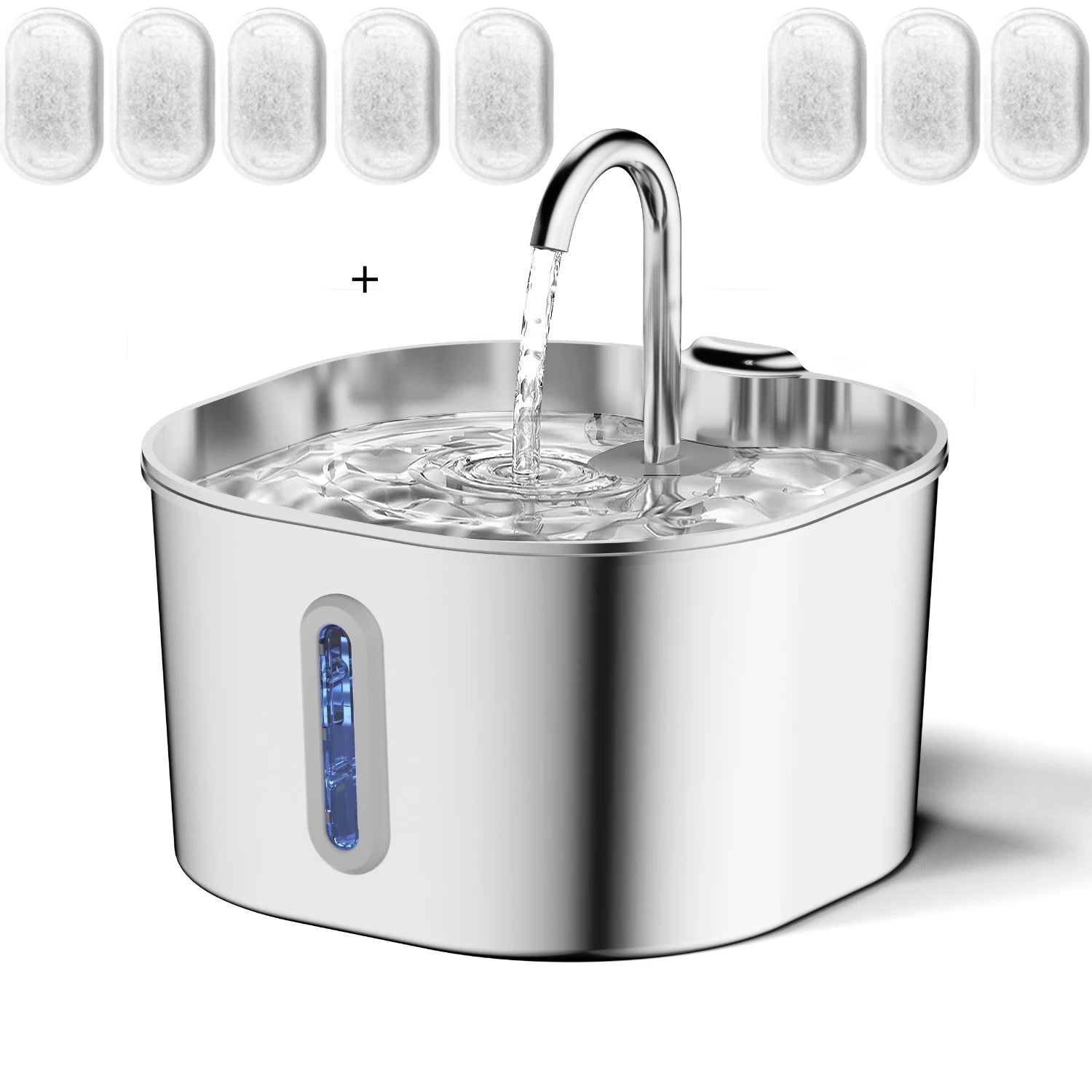 Stainless steel pet water fountain with flowing water and blue indicator window, filters shown