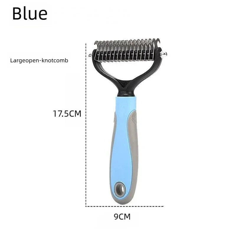Large pet detangling comb, blue handle, open-knot teeth, 9 cm head